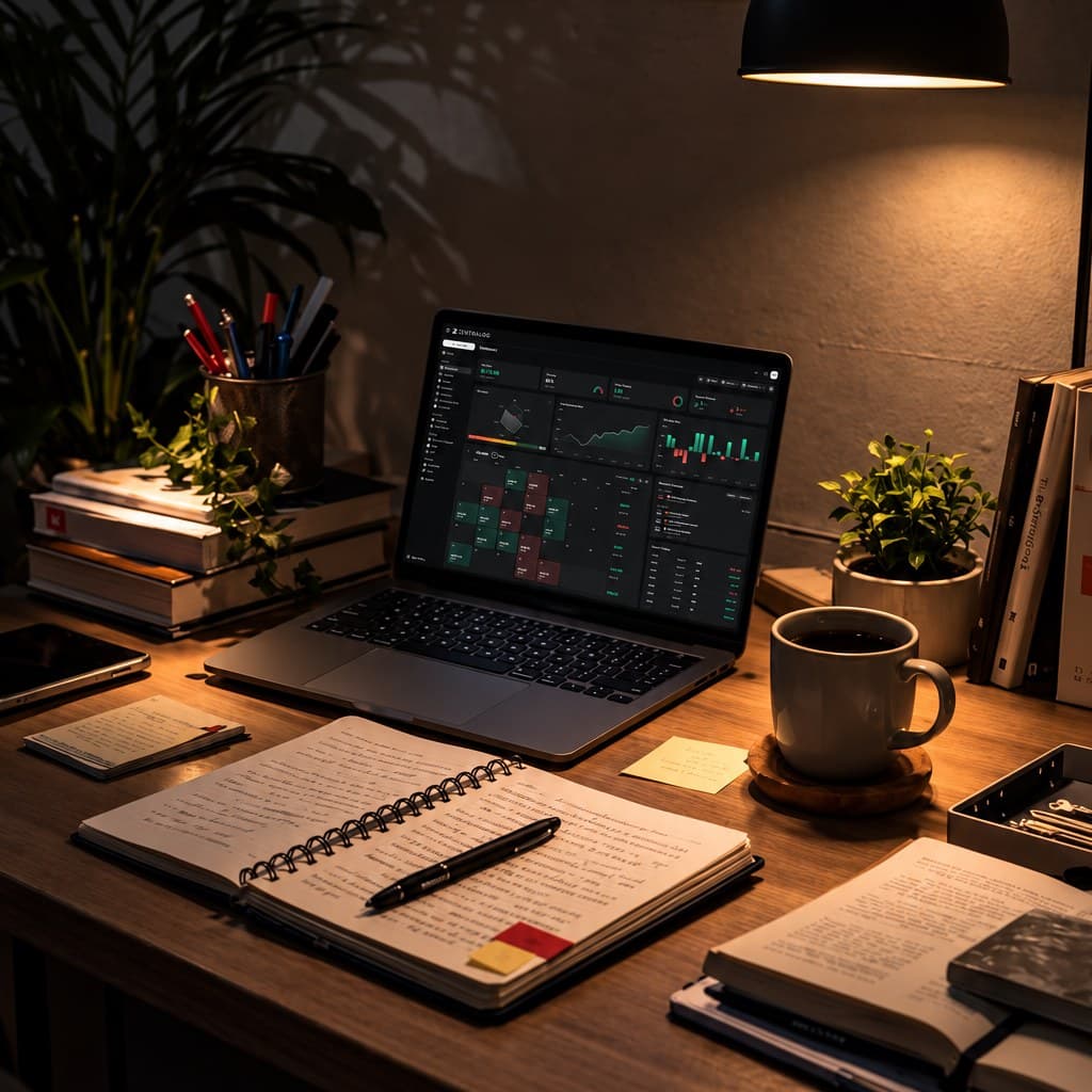 A laptop showing the Zentralog dashboard on a desk, beside an open notebook, a pen and a cup of coffee.
