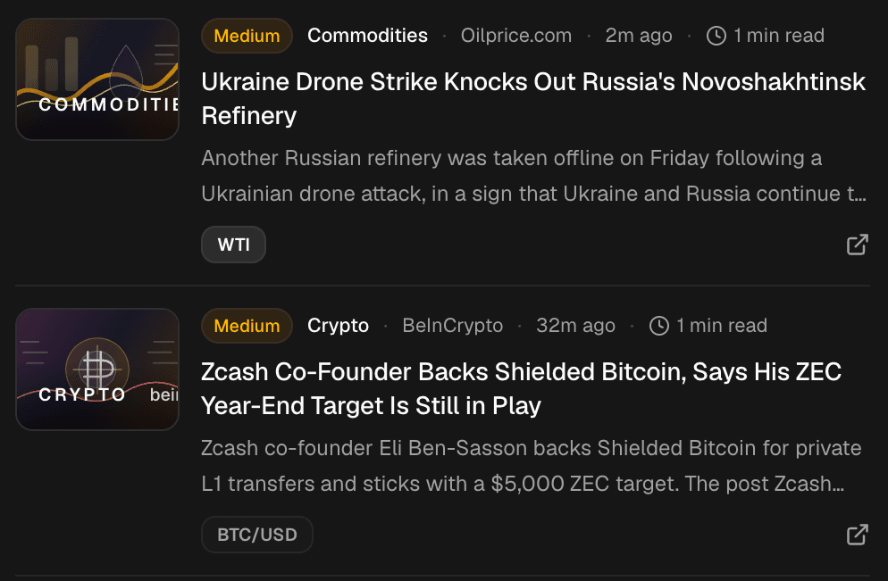 Two market brief stories, each with impact, category, source, read time and ticker tags