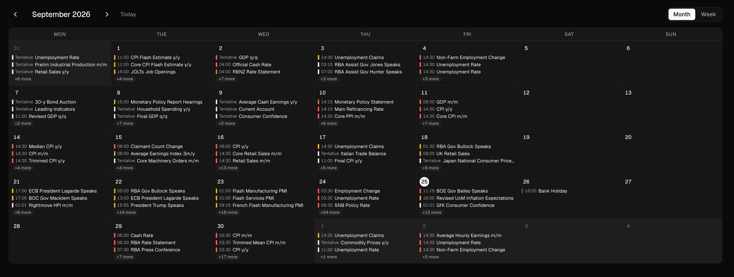 September 2026 economic calendar month view, each event with its time and impact color